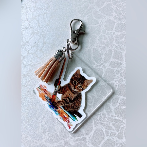 Cat Keychain with Tan Tassel - Picture 1 of 1